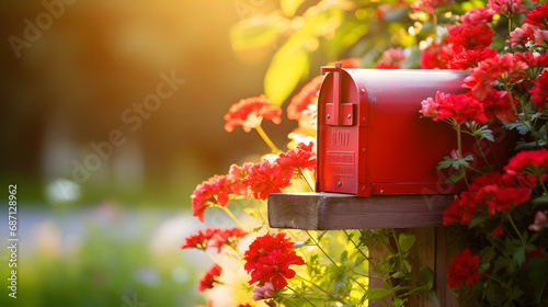 Red colored traditional post box among flowers photo