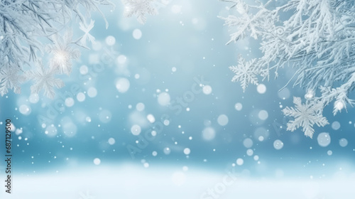 Snowy background with snowflakes and snow flakes on a blue background. This asset is suitable for winter-themed designs, holiday greeting cards, seasonal promotions, and festive social media posts. © Planetz