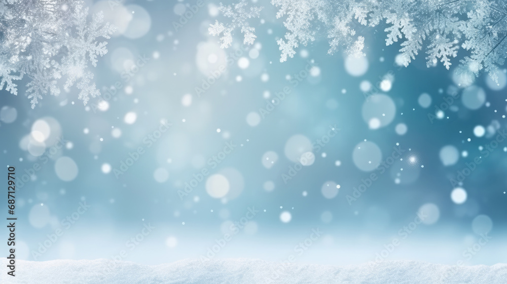 Snowy background with snowflakes and snow flakes on a blue background. This asset is suitable for winter-themed designs, holiday greeting cards, seasonal promotions, and festive social media posts.