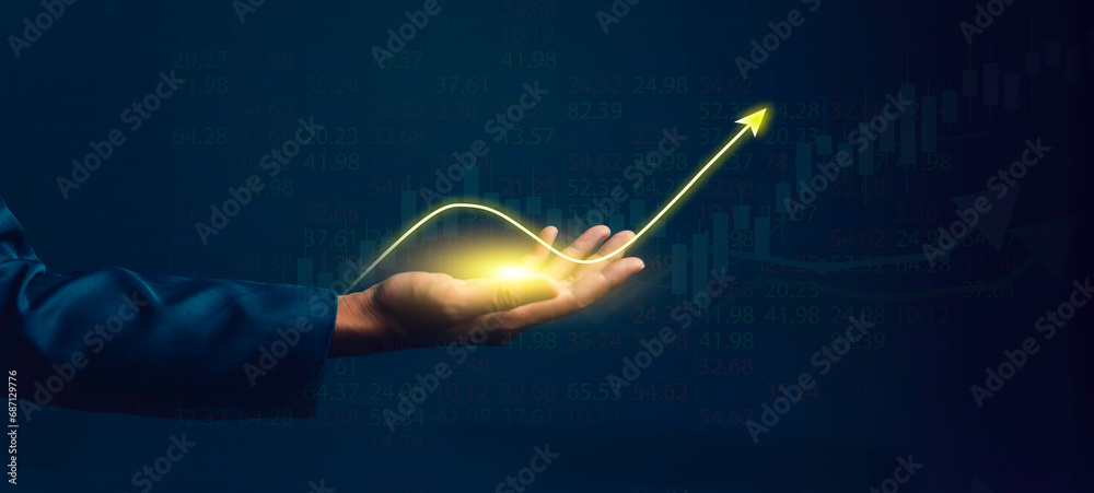 a business plan future growth and success. an arrow pointing upward, representing progress and positive direction. economic and financial growth, income increase, investment, and strategic planning. - obrazy, fototapety, plakaty 