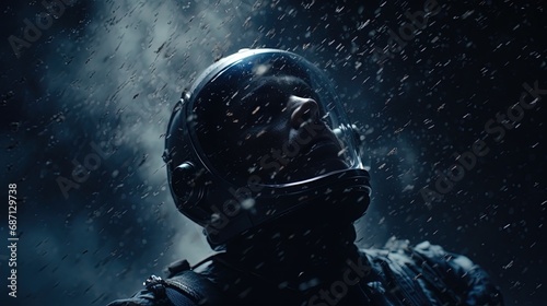 Astronaut drifts in space, cinematic shot. Blue Background. Generative AI