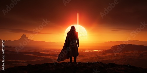 a lone warrior stands on a distant desert planet's ridge. Red background Ai genereated