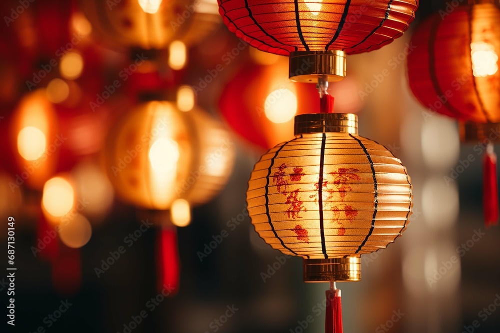 Chinese New Year background with hanging paper lanterns ,AI Generate