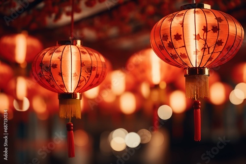 Chinese New Year background with hanging paper lanterns ,AI Generate