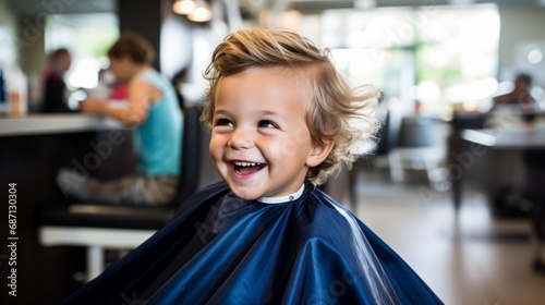 A 3-year-old boy wearing a protective cape sits in a happy barber's chair while getting a haircut in a cutely decorated shop for children.