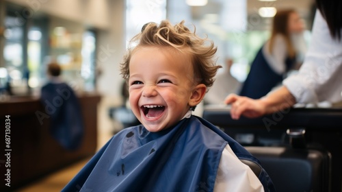 A 3-year-old boy wearing a protective cape sits in a happy barber's chair while getting a haircut in a cutely decorated shop for children.