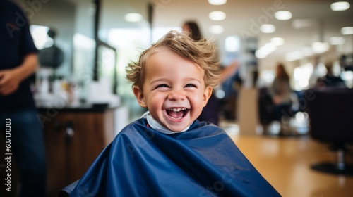 A 3-year-old boy wearing a protective cape sits in a happy barber's chair while getting a haircut in a cutely decorated shop for children.