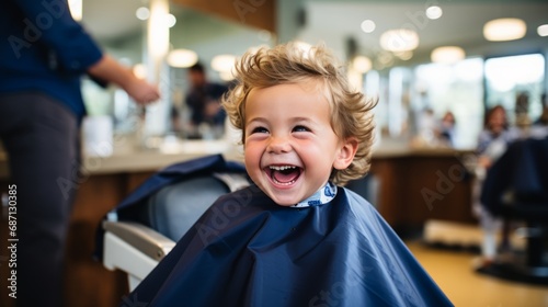 A 3-year-old boy wearing a protective cape sits in a happy barber's chair while getting a haircut in a cutely decorated shop for children.