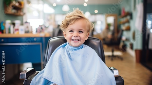 A 3-year-old boy wearing a protective cape sits in a happy barber's chair while getting a haircut in a cutely decorated shop for children.