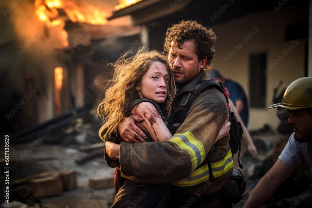 Scared young woman hugs brave fireman saved girl from fire on street. Professional firefighter in uniform carries upset lady survival in dangerous accident in city. Successful rescue operation
