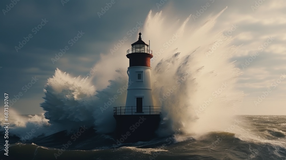 Big storm with big waves near a lighthouse.