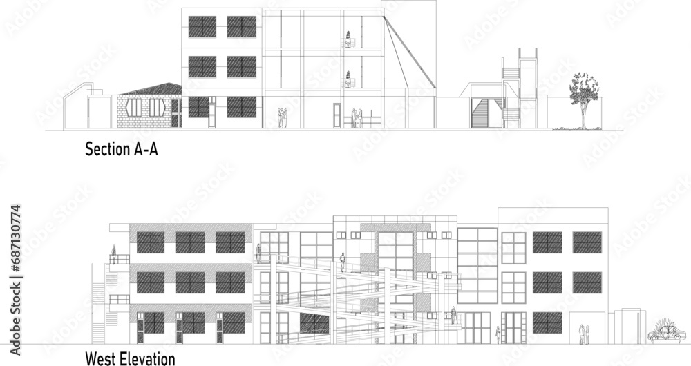 Vector sketch illustration of architectural design section and front view of a modern minimalist working office building