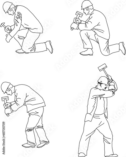 Vector sketch illustration design of a building construction worker demolishing a house with a large hammer