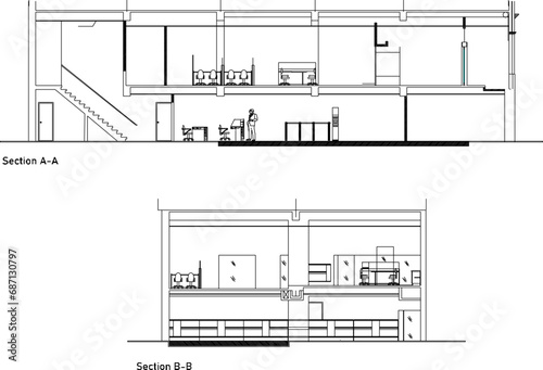 Vector sketch illustration of modern minimalist restaurant cafe section architectural design