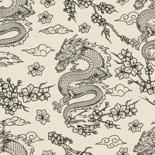 Fantastic dragons monochrome seamless pattern
