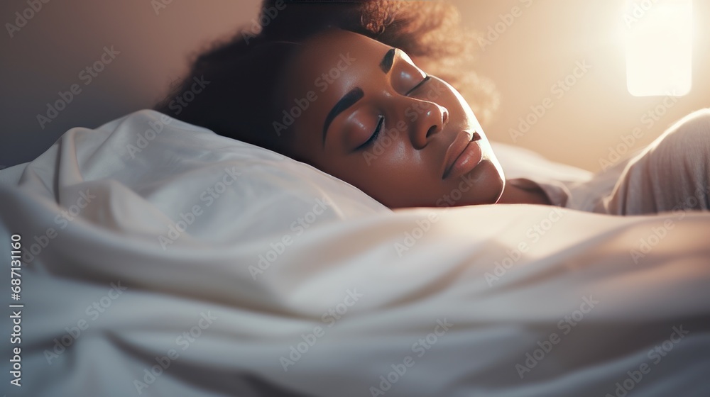 Pretty African-American woman sleeps calmly under blanket on soft bed at home closeup. Happy black lady dreams resting on pillows in bedroom. Asleep young woman lies on couch at morning sunlight Pretty African-American woman sleeps calmly under blanket on soft bed at home closeup. Happy black lady dreams resting on pillows in bedroom. Asleep young woman lies on couch at morning sunlight