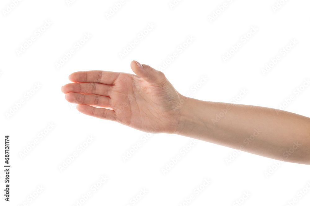 Young woman hand to hold something isolated on white background Young woman hand to hold something isolated on white background