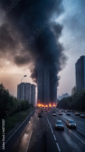 Urban inferno fire engulfs a big city, with burning cars, roads, and skyscrapers due to war or missile strike. Chaotic scene of city engulfed in flames and destruction of a large-scale urban fire. © Ilia