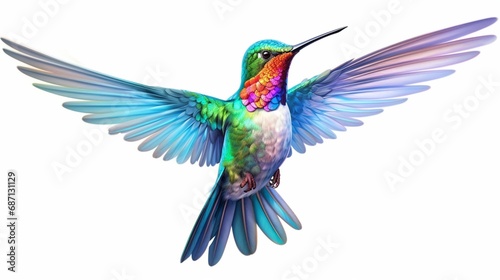 a stunning hummingbird in flight, its iridescent feathers and graceful posture depicted in vibrant colors on a clean white canvas, evoking a sense of wonder and natural beauty. photo