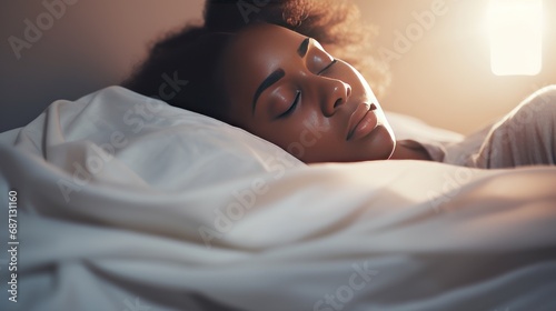 Pretty African-American woman sleeps calmly under blanket on soft bed at home closeup. Happy black lady dreams resting on pillows in bedroom. Asleep young woman lies on couch at morning sunlight