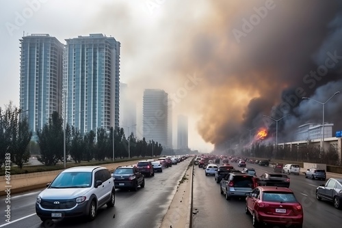 Urban inferno fire engulfs a megacity, with burning blazing cars, roads, and skyscrapers. Chaotic scene of city engulfed in flames, capturing the intensity and destruction of a large-scale urban fire. © Ilia