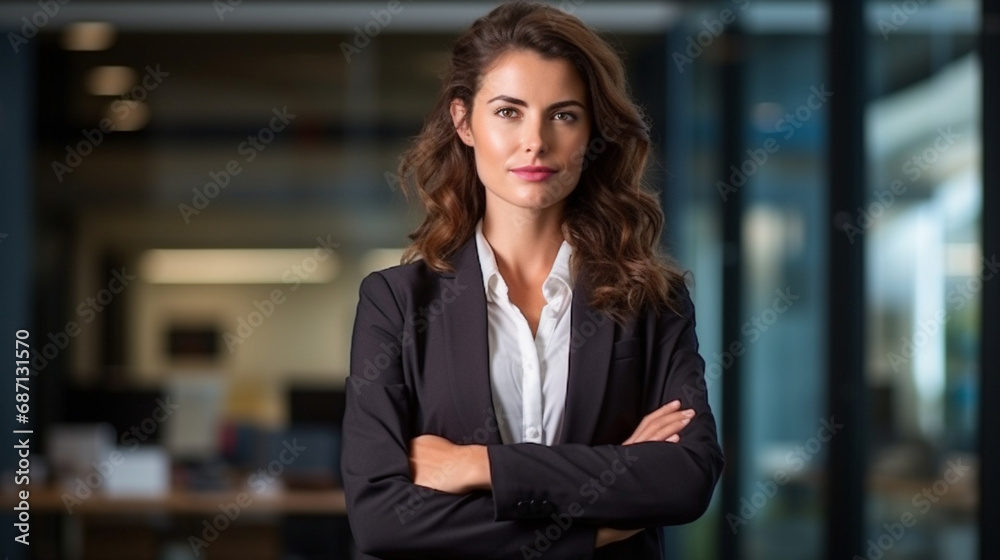 Confident Professional: A businesswoman in a power pose, radiating confidence and determination in a modern office setting. Confident Professional: A businesswoman in a power pose, radiating confidence and determination in a modern office setting.
