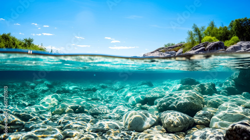 Split underwater photo of beautiful seascape with water surface and coral reef. Tropical landscape. Rocks and blue water. Summer time. 