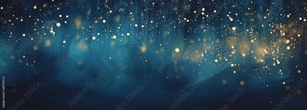 A close-up view of a blue and gold background with stars. Suitable for celestial, festive, or glamorous design projects such as invitations,  holiday-themed graphics.glitter lights. de focused. banner - obrazy, fototapety, plakaty 