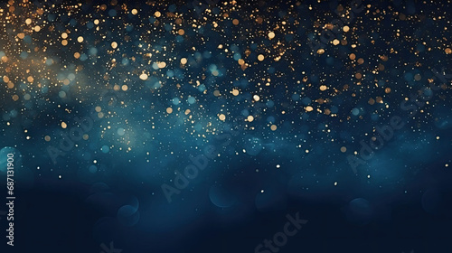 A close-up view of a blue and gold background with stars. Suitable for celestial, festive, or glamorous design projects such as invitations, holiday-themed graphics.glitter lights. de focused. banner