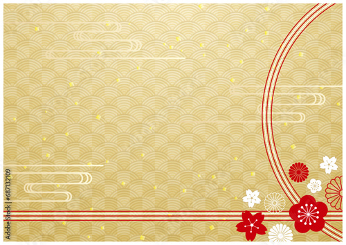 金屏風の和柄モダンな花舞う水引フレームの年賀状素材