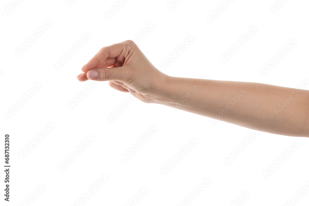 Young woman hand to hold business card or something thin isolated on white background Young woman hand to hold business card or something thin isolated on white background