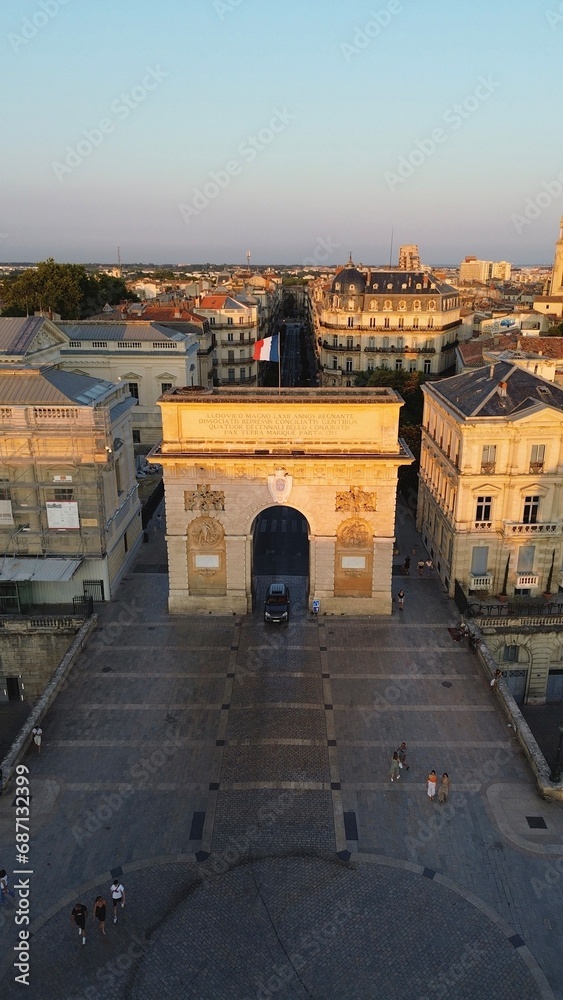 drone photo Arch of triumph, Arc de Triomphe Montpellier France Europe