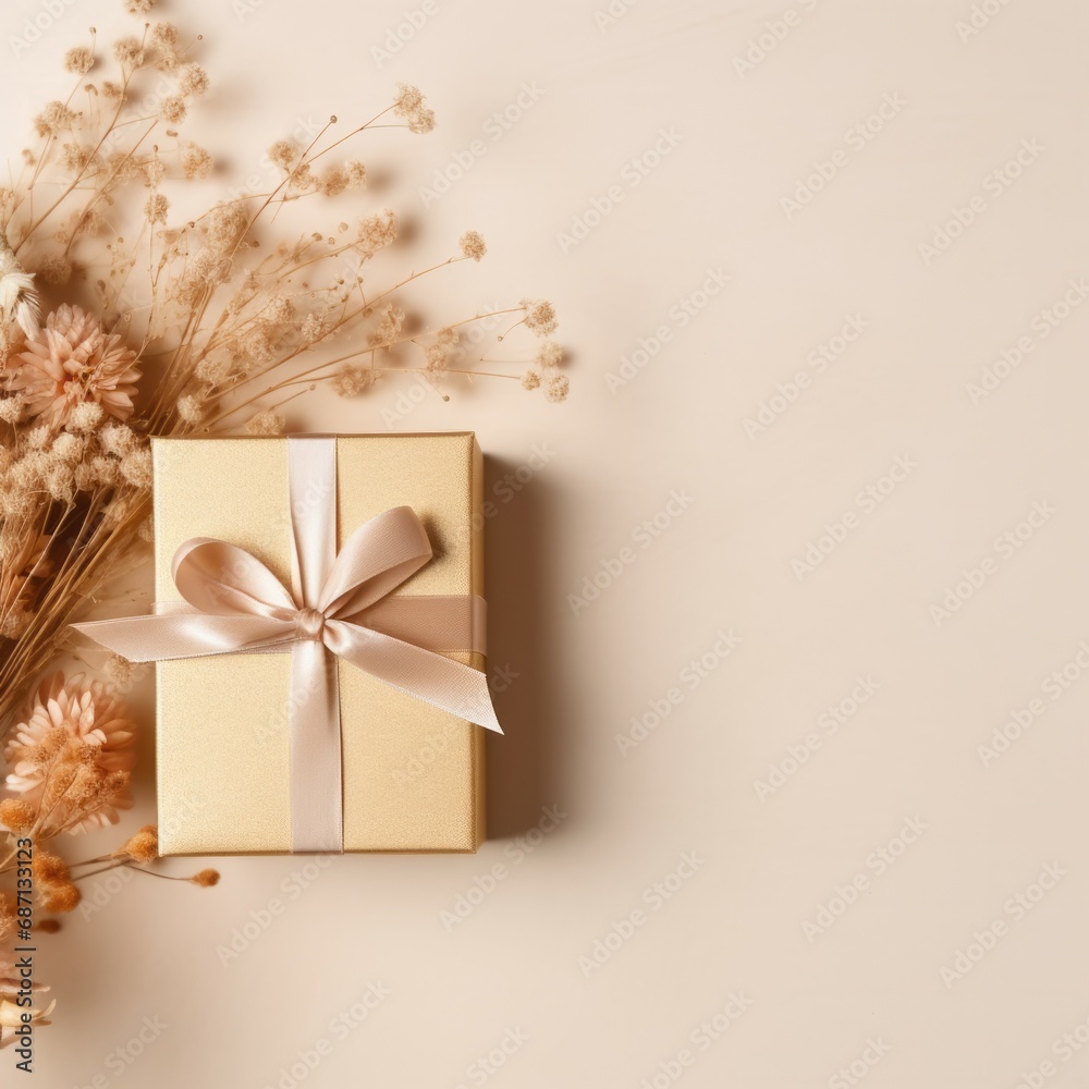 Top view concept photo of woman's day composition gift boxes with bows ribbon flowers on isolated pastel background with copyspace for text Top view concept photo of woman's day composition gift boxes with bows ribbon flowers on isolated pastel background with copyspace for text