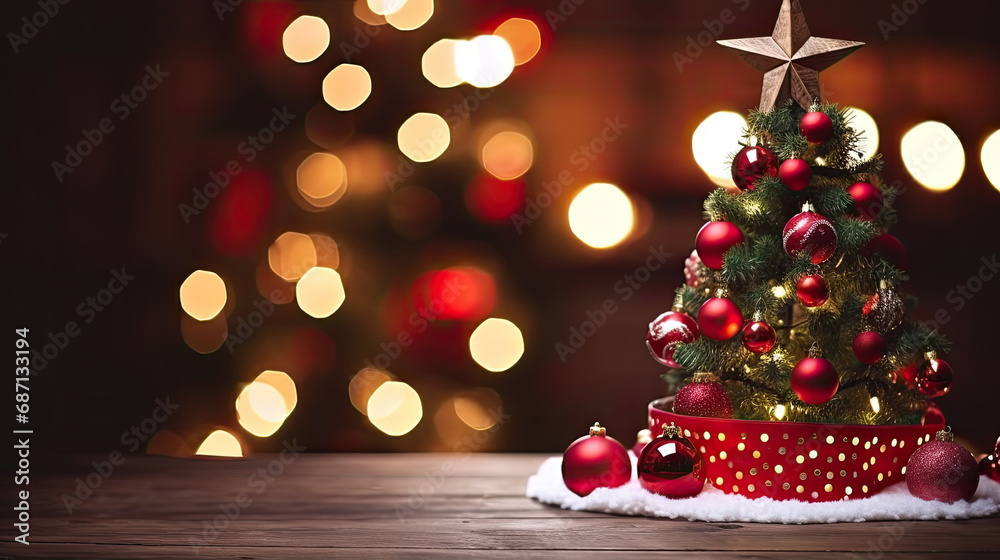 christmas tree and decorations on a wooden table,Christmas background with xmas tree and sparkle bokeh lights on red. Merry christmas card. Winter holiday theme. Happy New Year. Space for text