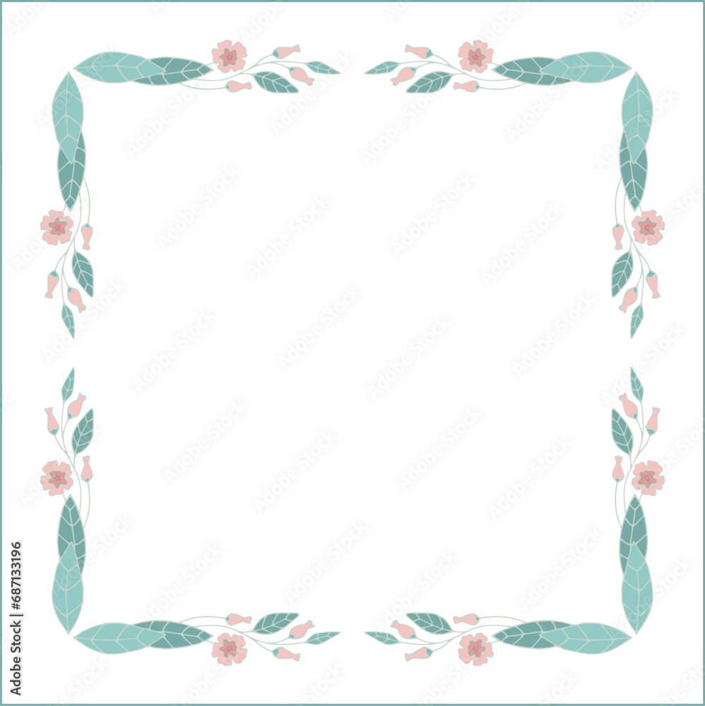 Obraz premium Green floral frame with leaves and pink flowers, decorative corners for greeting cards, banners, business cards, invitations, menus. Isolated vector illustration. 