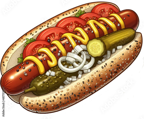 Chicago Style Hotdog Delight: Simple, Fresh 2D Flat Illustration of a Chicago Style Hotdog on a Clean White Background, Centered