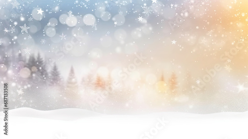 Snowy background with trees and snowflakes. A peaceful winter scene perfect for holiday themes, Christmas cards, or seasonal advertising. Ideal for adding a festive touch to digital and print designs. © Planetz