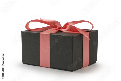 Black present box with rose ribbon isolated on white