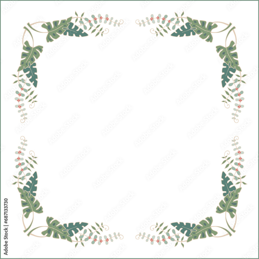 Green botanical frame with tropical leaves in jungles decorative corners for greeting cards, banners, business cards, invitations, menus. Isolated vector illustration. Green botanical frame with tropical leaves in jungles decorative corners for greeting cards, banners, business cards, invitations, menus. Isolated vector illustration.