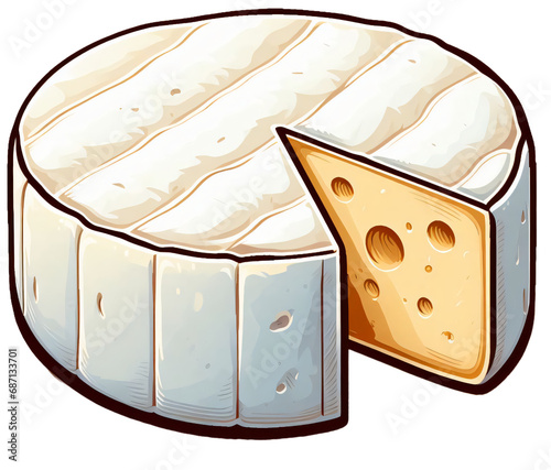 Creamy Camembert Elegance: Soft, Fresh 2D Flat Illustration of Classic Camembert Cheese on a Clean White Background, Centered