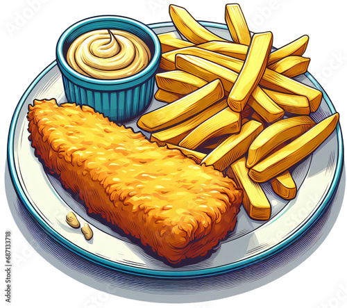 British Comfort Cuisine: Simple, Fresh 2D Flat Illustration of Classic Fish and Chips on a Plate, Centered Against a Clean White Background