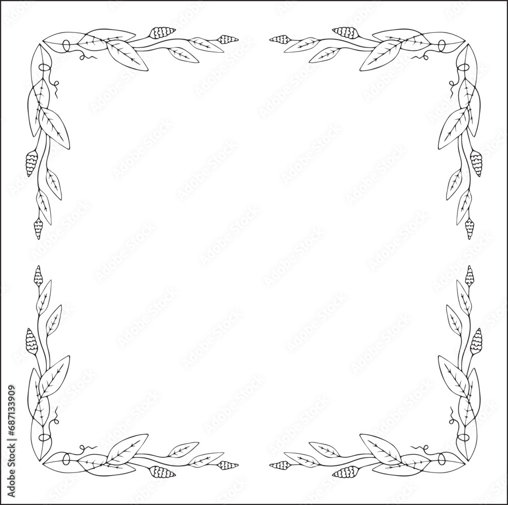 Vegetal floral frame with leaves and flowers, decorative corners for greeting cards, banners, business cards, invitations, menus. Isolated vector illustration.	