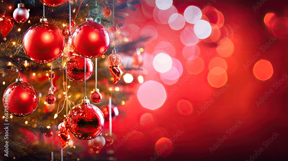 christmas tree decorations with red light and red shiny balls on the background,Christmas background with xmas tree and sparkle bokeh lights. Merry christmas card. Winter holiday theme. Happy New Year