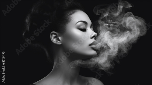 Black and white artistic portrait of a woman with closed eyes, exhaling smoke that swirls around her face. AI Generative photo