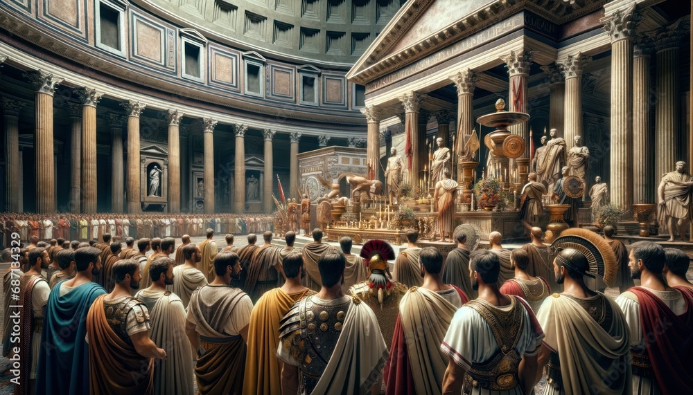 Naklejka premium Close-up view inside the Pantheon in Rome during a Roman ceremony, focusing on a group of people in historically accurate Roman attire.