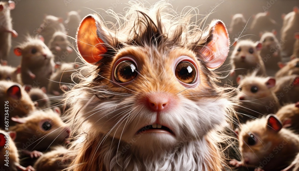 Photorealistic horizontal image of an extremely bewildered hamster. The hamster's eyes are wide and confused, with an expression of shock. Its fur is disheveled, enhancing the look of disarray.