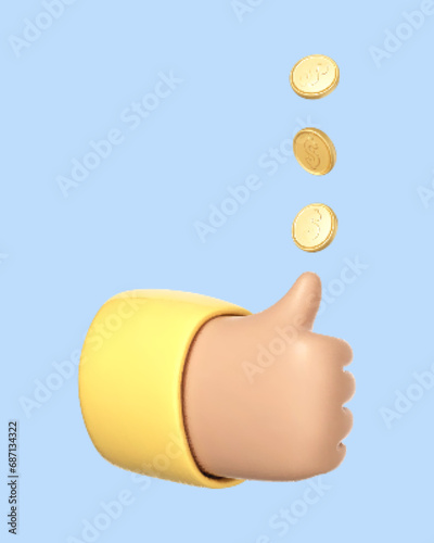 3D cartoon hand tossing a gold coin. Decision making by chance. Concept of excitement, luck, fortune. Vector 3d illustration photo
