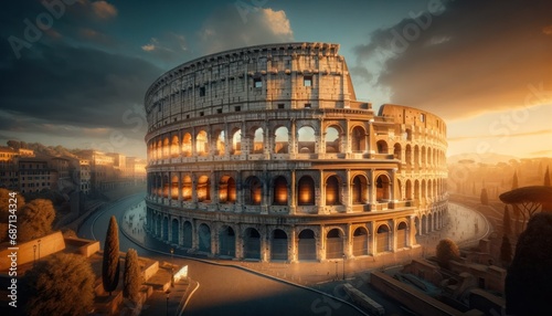Stunning, photorealistic horizontal view of the Colosseum in Rome during sunset. The image captures the grandeur and historical significance of the Colosseum.
