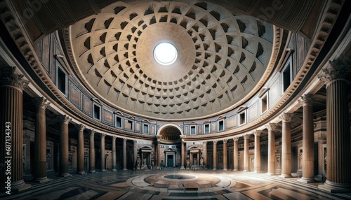 Interior view of the Pantheon in Rome, showcasing a detailed view of the dome and central oculus. The interior is lit to highlight architectural features like columns, niches, and the dome's construct