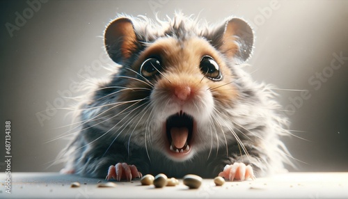 Photorealistic horizontal image of an extremely hungry hamster. The hamster's eyes are wide and eager, with its mouth slightly open as if anticipating food. Its fur appears ruffled.